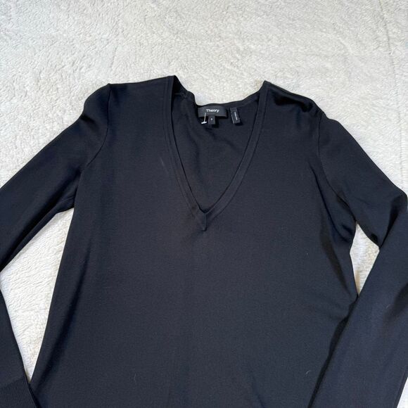 Theory Britona Solid Black V-Neck Long Sleeve Slit Cuff Tunic Sweater - Picture 3 of 7